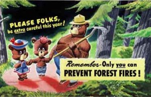 Smokey the Bear Painting by Russ Wetzel - 1947. Depicts Smokey the Bear and another young bear with the slogans "PLEASE FOLKS be extra careful this year! Remember-Only you can PREVENT FOREST FIRES!"